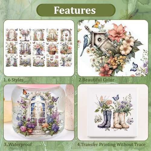 WANDIC 5 PCS Flower Theme Rub On Transfer Sticker,Window&Scenery Sticker Butterfly Decal for Present Packaging DIY Scrapbooking Albums Furniture,10 * 30cm - Image 4