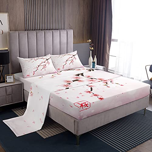 Cherry Blossoms Sheet Set King Size Japanese Style Bedding Set Romantic Theme Fitted Sheet Botanical Flower Print Flat Sheet Pink Cherry Blossoms Bed Sheet for Boys Girls Kids Women 4 Pieces