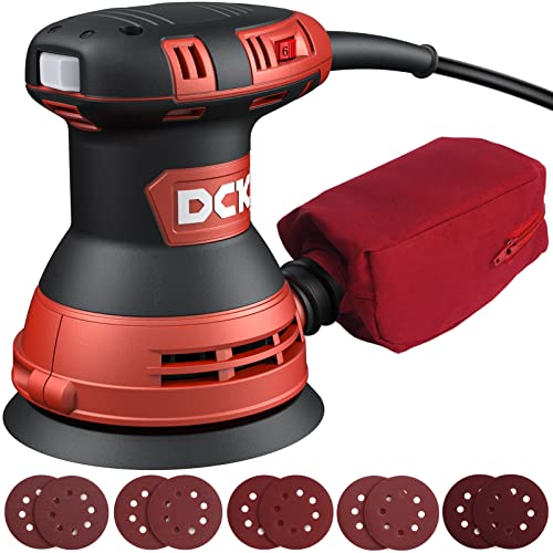 DCK Random Orbital Sander, 3.0 AMP Corded Palm Sander, 6 Speeds Max 12,000 OPM, 5-Inch with 10 pcs Sandpapers, Dust Bag, Low Vibration, Drywall Sander for Woodworking, Decoration Furniture (KSA125)
