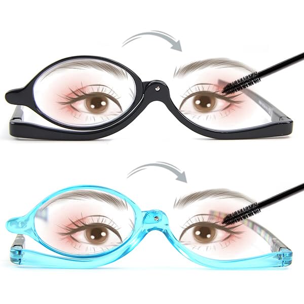 Bencaley 2 Pairs Makeup Reading Glasses for Women Magnifying Flip Down Cosmetic Readers Make Up Glasses with Spring Hinge +1.00 Black & Blue