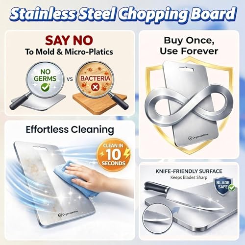 Image of OrganizeMee Stainless Steel Chopping Board Extra Large for Kitchen (45 X 31.2 CM) Kitchen Food Grade,Cutting Vegetable Chopper Board with Anti Skid Silicon & Anti Rust Platform Countertop Pad