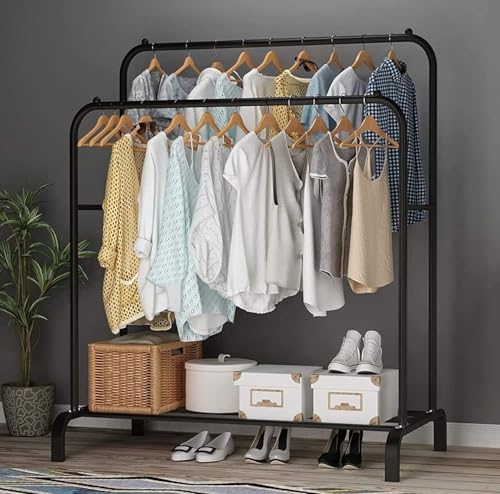 Image of Strassis Design PC Metal Garment Rack Multipurpose Clothes Rack with Bottom Shelf /Coat Jacket Hanger for Home Bedroom Storage Organizer Unique Display Stand (Black)