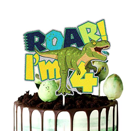 Glitter Roar Dinosaur I’M 4 Cake Topper for Baby's Four Years Old Birthday Party Decorations, Jurassic Park T-Rex 4th Birthday Cake Decor