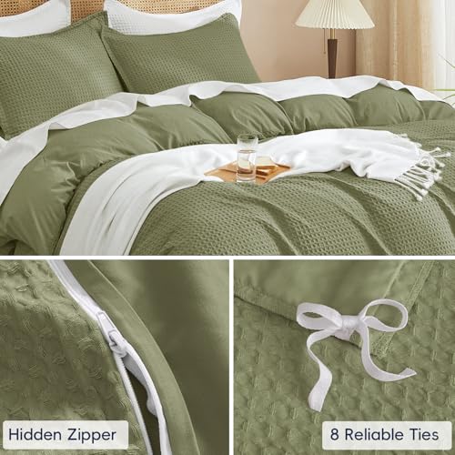 Image of PHF Waffle Weave Duvet Cover Set Queen Size, No Snagging Ultra Soft Luxury Textured Breathable Comforter Cover for All Season 3pcs, Durable Bedding Duvet Set with 2 Pillow Shams, 90 inchx90 inch, Olive Green