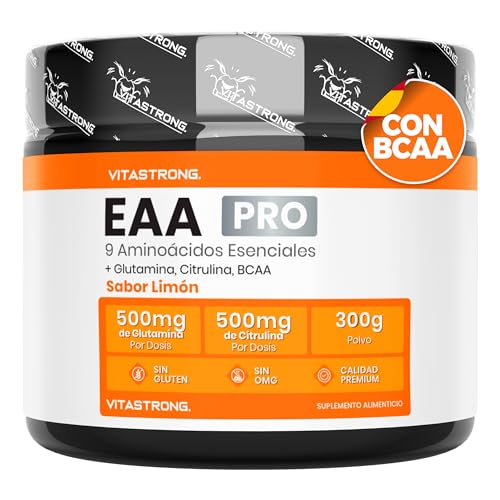 EAA PRO Aminoácidos Esenciales Vitastrong, 9 EAA Aminoácidos Esenciales en Polvo 300g, BCAA Aminoacidos Ramificados, L Glutamina, L Triptofano, L Lisina, L Citrulina, L Tirosina, Leucina, Sabor Limón