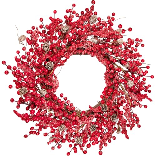 wwmira 24 Inch Winter Christmas Wreath with Frosted Berries &