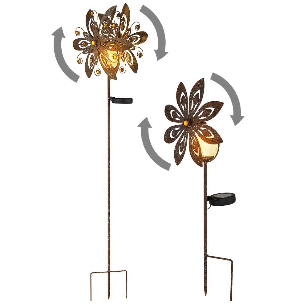 GLOBO Solarleuchte Windrad Solarlampe Erdspieß Gartendeko Solar Gartenstecker rost, Metall, LED warmweiß, 2er Set
