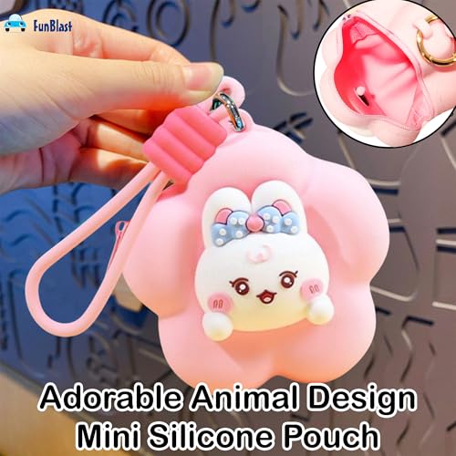 Image of FunBlast Soft Silicone Coin Pouch - Cute Animal Design Mini Purse with Strap, Multipurpose Silicone Pouch, Small Zipper Wallet for Kids & Girls, Kawaii Coin Bag - 9 X 9 X 6.5 cm (Pink)