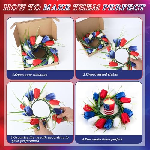 Image of 6 PCS 4th of July Candle Rings Wreaths Patriotic Tulip Silk Memorial Day American Flag Floral Candle Rings Holder with Red White and Blue Flower for Independence Day Labor Day Table Centerpiece Decor
