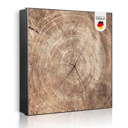 banjado Großer Schlüsselkasten Metall - Schlüsselbox 30x30cm beschreibbarer mit 32 Haken - Schlüsselkasten modern für Schlüsselaufbewahrung - Korpus Schwarz Scharnier Rechts - Motiv Holzkreis mit Riss