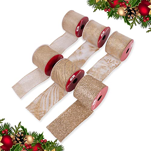 GEDLIRE 6 Rolls Christmas Wired Ribbons, 2.5 Inch 36 Yards Champaign Gold Glittered Sheer Organza Gift Wrapping Ribbon, Assorted Fabric Ribbons for DIY Crafts, Wreath, Bow, Christmas Tree Decorations - Thumbnail 3