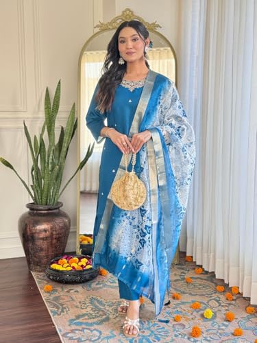 Kurta en soie romaine bleu sarcelle brodé coupe droite chic