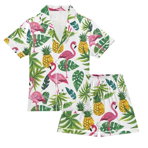 ALAZA Flamingo Palm Leaf Pineapple Bird Pajamas Satin Pajama Set Short Sleeve Button Down Sleepwear