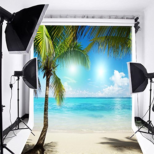 Laeacco Vinyl Photography Background 3X5Ft Beach And Blue Sea Sky Clouds Bright Sunshine Coconut Tree Holiday Scene Children Portraits 1(W) X1.5(H) M Photo Sutdio Porps #TOP11