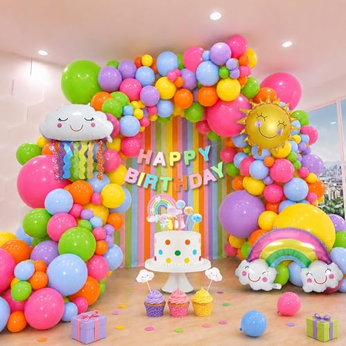 Image of Party Propz Rainbow Birthday Decoration Kit - 83 Pcs Birthday Decoration Items with Rainbow Cake Toppers, Foil Balloons, Balloons for Decoration, Crepe Paper and Jumbo Birthday Banner (Latex, Foil)