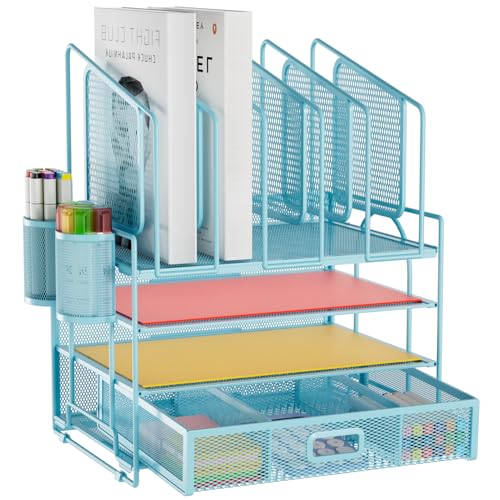 Image of Marbrasse Desk Organizers, 4-Tier Mesh Desk File Organizer with 5 Vertical File Holders and 2 Pen Holders, Multifunction Desktop Organizer,Desk Organizers and Accessories for Home Office (Blue)