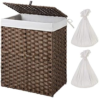 GREENSTELL Handwoven Laundry Hamper with 2 Removable Liner Bag, Rattan Wicker Laundry Basket with Lid and Handles, Foldable and Easy to Install Brown