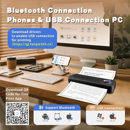 Image of Portable Thermal Wireless Printers for Travel, Inkless Bluetooth Printer Support for 8.5 inchx11 inch US Letter & A4 Thermal Paper Compatible with iOS, Android & Laptop for Tattoo,Office (BG25)