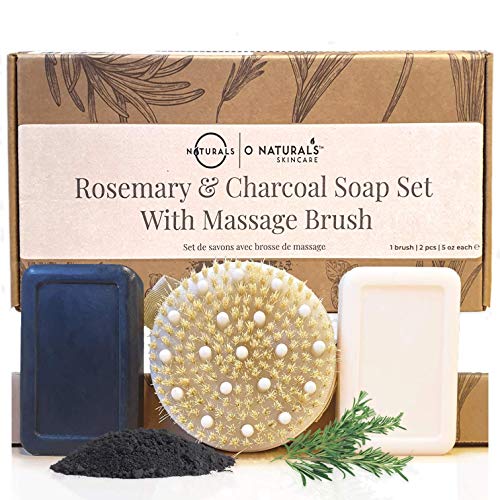 O Naturals Dry Body Brush with Activated Charcoal Soap & Peppermint Bar Soap Gift Set. At Home Spa Gift Set, Dry Brush Deep Massage Bar Soaps with Essential Oils Best Gift for Her 5 oz Each Bar