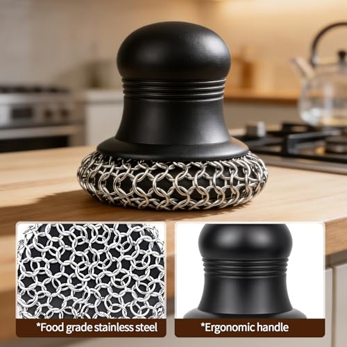 Image of 316 Upgraded Cast Iron Scrubber with Pan Scraper,Cast Iron Cleaner for Grill Pan Skillet Wok Carbon Steel,Ergonomic to Hold Easy to Use Dishwasher Safe ((Large Chain Mail))