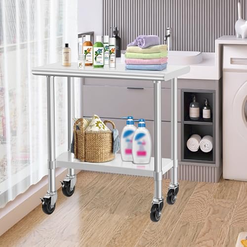 Image of HARDURA Stainless Steel Commercial Table Prep & Work Table with Casters Heavy Duty Metal Table with Wheels NSF 430 18x36 Inches