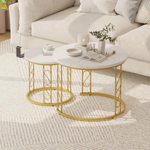 Image of Garden 4 you Coffee Table Faux Marble Nesting Table for Small Place 2 Sets Modern Furniture Living Room Sets End Side Table Night Stand for Bed Room Dining Room (White & Gold)