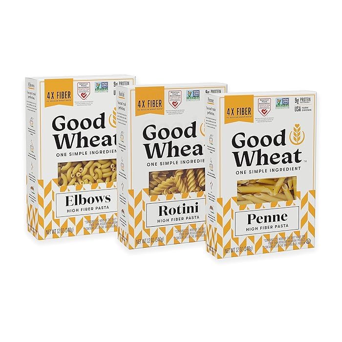 GoodWheat Pasta | 4x the Fiber | 9g Protein | Contains 1 x Rotini Pasta, 1 x Penne Pasta, 1 x Elbow Pasta - 12oz Per Box | USA Farm Grown, Non-GMO Project Verified