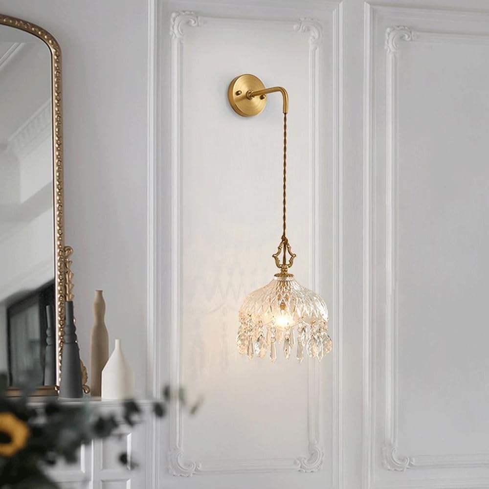 French Classical Crystal Wall Lamp Modern All Copper Wall Lights Bedside Lamp Wall Sconce Lighting With Clear Glass Adjustable Lighting Fixtures For Living Room Restaurant Loft Wall Light E14 Base