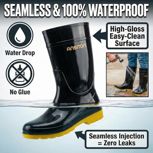 Image of Men's Black Waterproof PVC Slip - On Rain Boots - High & Mid Calf Styles, Ideal for Outdoor, Garden, Farm, Mud & Fishing, Comfortable, Durable, Easy to Clean