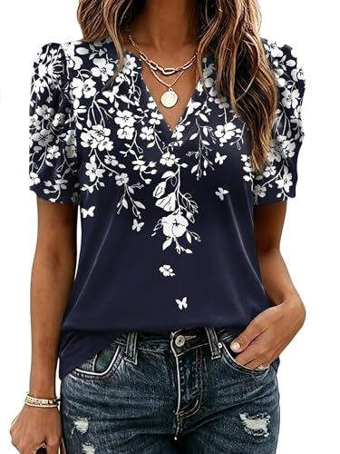 Image of Zeagoo Women Blouses Puff Short Sleeve Tops V Neck Dressy Casual Spring Shirts Boho Floral Cute Clothes 2026