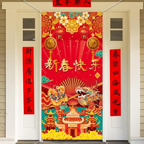 HOWAF Chinese New Year Decoration Door Cover, 2024 Year of the Dragon Door Banner, Spring Festival Red Door Hanging for Lunar New Year Party Supplies, Happy New Year Welcome Sign Backdrop Banner