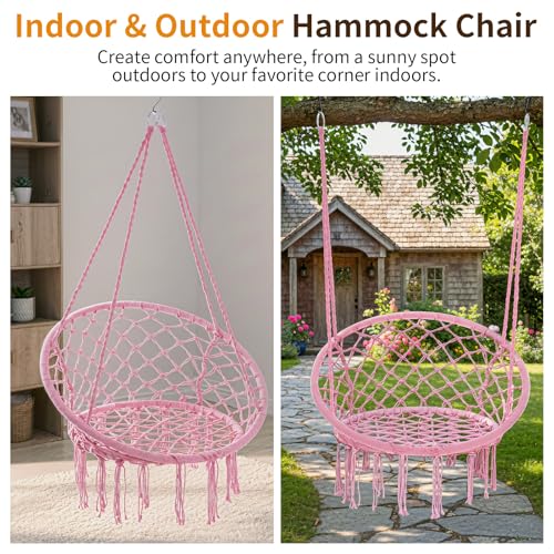 Image of Garpans Hammock Chair Swing Set of 2 Bohemian Style Macrame Hammock with Tassels Hanging Swing Chair Handmade Knitted Cotton Rope for Indoor Outdoor Bedroom Patio Max 330 LBS Pink