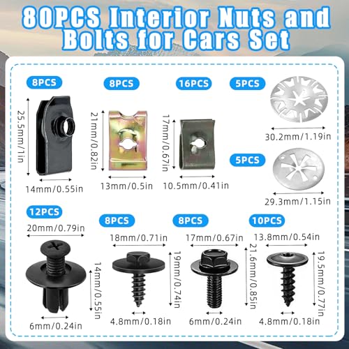 80 Stück Karosserieschrauben Clips Set, Auto Body Undertray Fender Schrauben, Metall U Typ Befestigungsclips, Blechmutter Schraube Mutter Clip Kit für Auto Stoßstange, Undertray, Türverkleidung