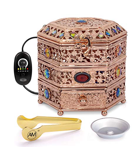 AM Regulator Electric Incense Burner - Oud Frankincense Resin Burner with Adjustable Timer & Storage Drawer (Rose Gold)