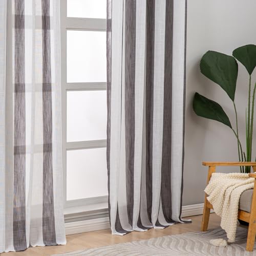 L.Z.E Semi Sheer Curtains for Living Room Bedroom Windows Short Curtains & Drapes Panels Charcoal Black White Striped Faux Linen Look with Eyelet 57 Inch Drop - Image 4