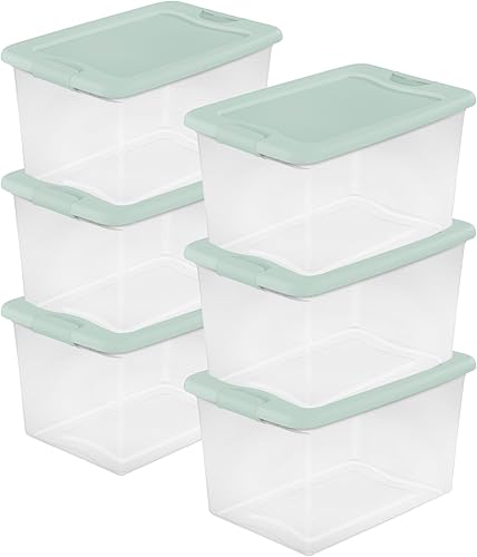 Sterilite Paquete de 6 cajas con pestillo, contenedor de almacenamiento apilable de plástico transparente con tapa, 64 cuartos de galón, menta
