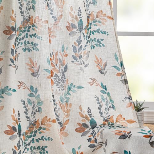 Image of MYSKY HOME Floor to Ceiling Linen Floral Curtains 95 Inch Length 2 Panels Semi Sheer Light Filtering Farmhouse Leaf Printed Window Grommet Drapes for Dining Room, 52 inch W Each Panel, Burnt Orange