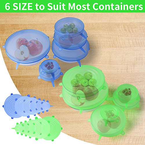 Reusable Silicone Stretch Lids, Silicone Bowl Covers, 6 Different Sizes Silicone Lids For Food Container Storage, Freezer & Microwave (Green+Blue) #TOP3