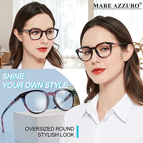 Image of MARE AZZURO Large Reading Glasses Women Trendy Round Readers 100 125 150 175 200 225 250 275 300 350 400 500 600 (Black Floral, 1.00)