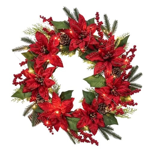 Christmas Wreath with Lights 15.7 Inch Real Touch Red Poinsettia Wreath - image 3