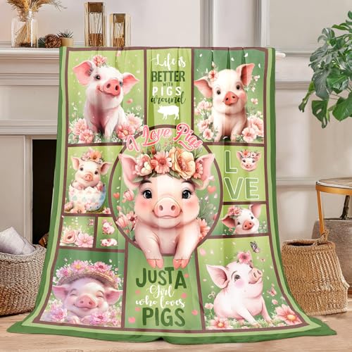 Cute Pig Lover Gift for Women - 60x50 Ultra Soft Pig Throw Blanket Cozy Fluffy Decor for Couch Bed Christmas Birthday Present