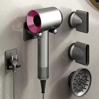 Hair Dryer Holder Compatible with Dyson Hair Dryer Holder No Drilling Compatible with Dyson Wall Mount Compatible with Supersonic Aluminium Alloy Cable Management 3 Nozzles Storage