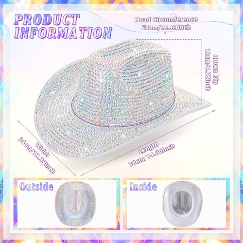 Image of Hercicy Rhinestone Cowboy Hat with Diamond Fringe CowHat for Cosplay Wedding circumference between 21.5 and 23.5 inches
