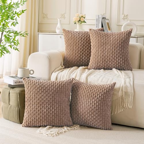 Cozoomy Set of 4 Light Brown Decorative Throw Pillow Covers 18x18 Inch Corduroy Pillow Covers for Bed Couch Sofa Living Room Soft Square Cushion Cases
