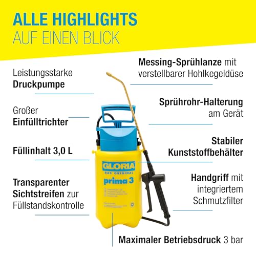 GLORIA Drucksprühgerät prima 3 | 3 Liter Gartenspritze & Drucksprüher | Kompakte Sprühflasche für Pflanzenschutz & Unkrautvernichter | Pumpsprühflasche für kleinen Garten & Balkon