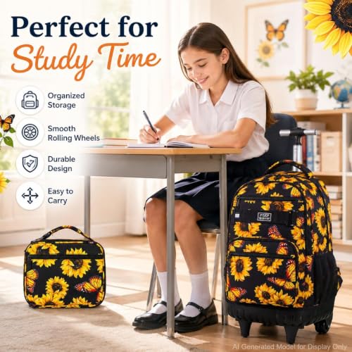 Image of 3Pcs Rolling Backpack for Girls Women, Travel Roller Backpacks with Wheels for Adults, Teens College Sunflower Wheeled Bookbag with Lunch Box(Yellow)