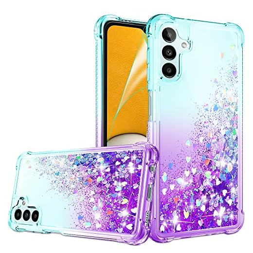 Capa para Galaxy A13 5G, capa para Samsung A13 5G com protetor de tela HD, gritup meninas mulheres gritup gritup glitter líquido brilhante quatro cantos capa protetora macia de TPU para Samsung Galaxy A13 5G azul-petróleo/roxo