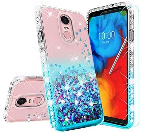 Galaxy Wireless Compatible for LG Stylo 4 / Stylo 4 Plus Case [Tempered Glass Screen Protector] Liquid Glitter Cover for Girls Women Cute Phone Cases- Aqua/Clear