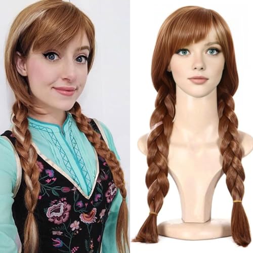 PORSMEER Princess Anna Cosplay Wig Long Brown Braided Hair Wig for Women Heat-resistant to Reuse Ideal for Party Cosplay Anime & Halloween | Compatible with Princess Anna