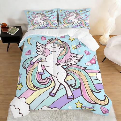 Image of Rainbow Unicorn Comforter Set Full Size Blue Unicorn Kids Bedding Sets for Girls Boys Teens Bedroom Decor Kawaii Cartoon Quilt 1 Comforter 2 Pillowcases